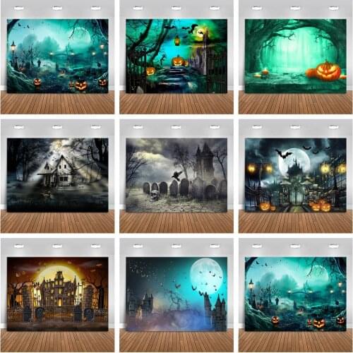MOCSICKA Halloween Backdrop Decoration Castle Pumpkin Lantern Dark Bats Full Moon Night Theme Portrait Background Photo Shoot