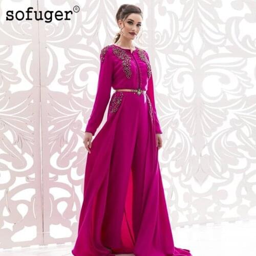 Fuschia Muslim Mother of the Bride Dresses Detachable Train Appliques Morrocan Kaftan Vestido de Renda Evening Suits