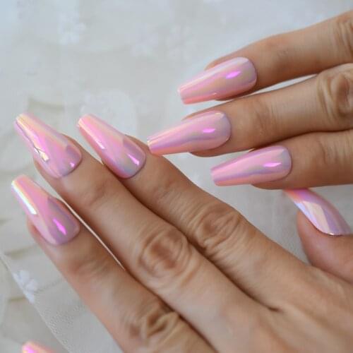 Chrome Pink Coffin Fake Nails Long Chameleon Mirror Nail Art Tips Princess Dreamy Style Salon Tips 24 Ct