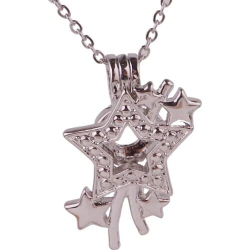 K1678 Dull Silver copper Pentagram stars Bead Pearl Cage Aroma Essential Oil Diffuser Locket Necklace with stainless steel chain