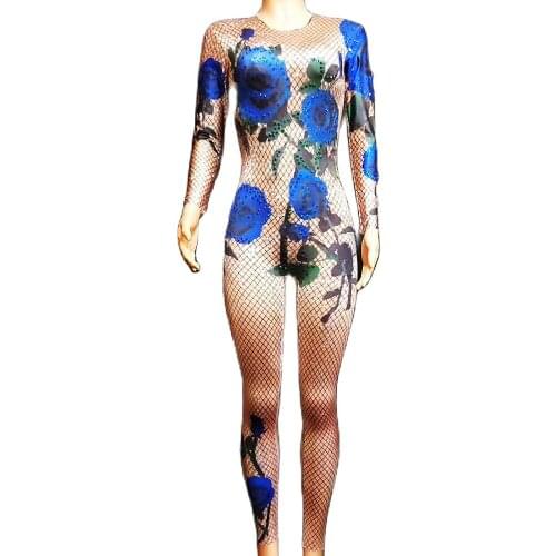 Blue Rose Print Jumpsuits Nightclub Skinny Stretch Singer Dance Performance Wear One-Piece Birthday Celebrate Women Costume