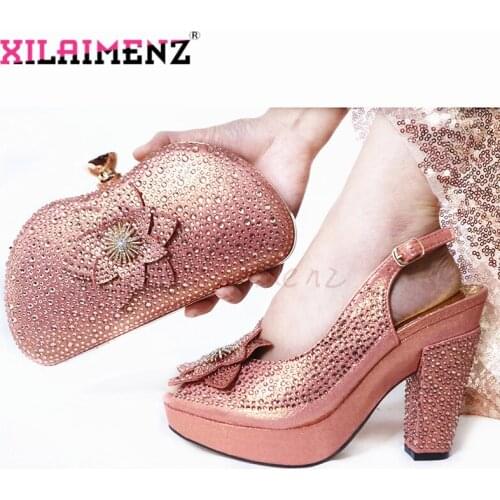 2020 High Quality Peach Color Fashion Rhinestone Woman Shoes And Matching Bag Set Italian Sexy Lady Shoes and Bag for Party