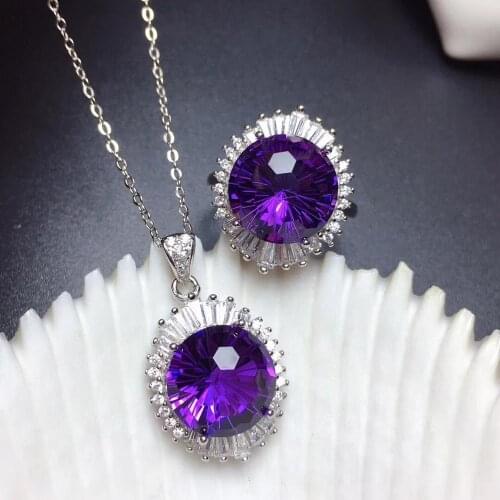 Exquisite purple Amethyst /yellow citrine ring and necklace jewelry set 925 sterling silver jewelry natural round gem party gift