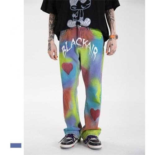 2021 Spring Autumn New Love Print Micro Flare Pants Hip Hop Tie Dye Washed Jeans Unisex Street Loose Wide Leg Denim Trousers Men