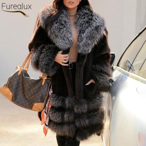 FUREALUX Womens Real Mink Fur High Quality Coat With Silver Fox Fur Collar Overcoat Femal Streetwear Winter Warm Outerwear