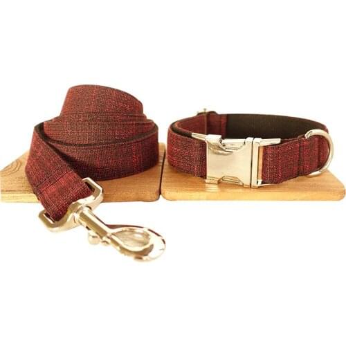 Customized Dog Collar Engraved Puppy ID Tag Leash Collar Set Adjustable Outdoor Plaid Pet Collar Leash Cotton THE RED SUIT