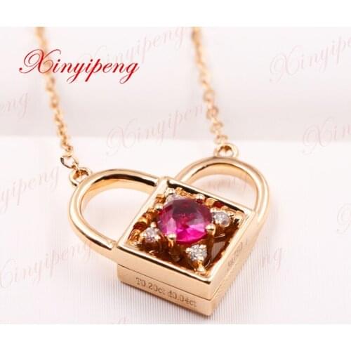 Xinyipeng 18K rose gold natural ruby necklace pendant love locks a three - wear chain, new style. anniversary birthday present