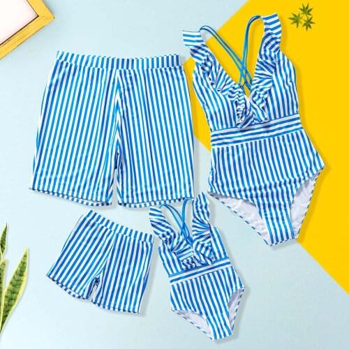 Striped Family Matching Swimsuits One-Piece Mother Daughter Swimwear Mommy and Me Bikini Dresses Clothes Father Son Swim Shorts