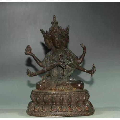 Antique old Tibet purple copper Three heads and six arms Buddha statue,Hand-carved crafts,best collection& adornment