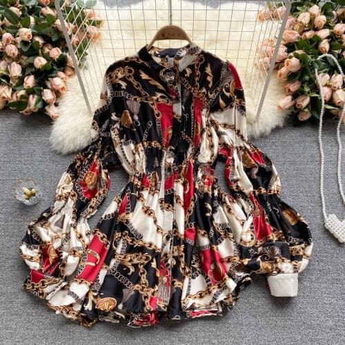 EU and USA Super Chic Puffy Sleeves Stretch Retro Prints Shirt Women Ruffled Slim Waist Blouse Top