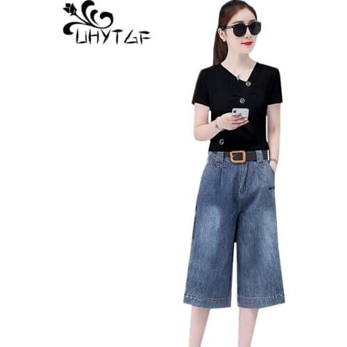 UHYTGF Summer two piece set women fashion denim wide leg pants casual tracksuit women cute girl elegant sports suit Genuine 1217