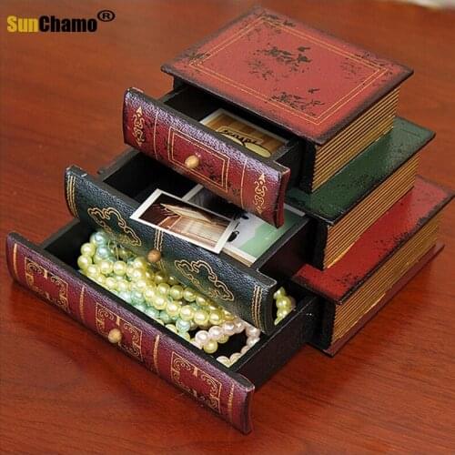 Handmade European Style Home Ornaments with Clear Lines Jewelry Drawer Storage Box Unique Craft Retro Wooden Book Box Fake Book