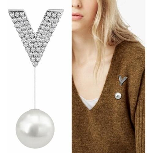 SHIFEEL 2019 New Fashion Europe America Popular Letter V design Pearl Pendant Pin shape Personality Simple Brooch For Women