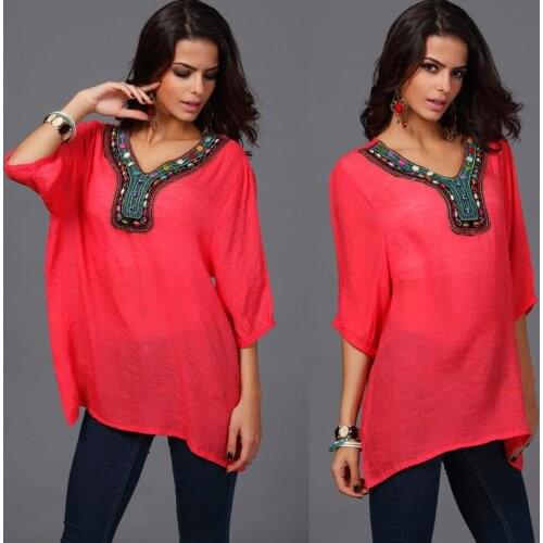 Woman solid summer chiffon hand-beaded T- shirt long paragraph, O- neck T- shirt embroidered round neck hedging