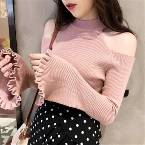 2020 Sexy off shoulder Flare Sleeve women thin sweater knit sweater women Computer Knitted Turtleneck Pullovers tops Black white