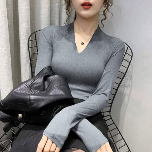2021 Spring Blusas New Fashion V-neck Cotton Bottoming Shirts For Women Solid Pullover Slim Shirt Casual Elegant Blouse 11411