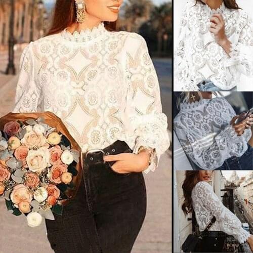 Elegant Lace For Womens Long Lantern Sleeve Shirt Hollow Flowers Lace Chiffon Tops Shirts Womens 2019 Autumn Plus Size