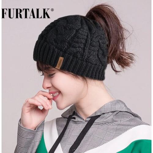 FURTALK Winter Ponytail Beanie Hat Women Messy Bun Knit Beanie Hat Autumn Skullies Beanies Caps Female Knit Warm Hat