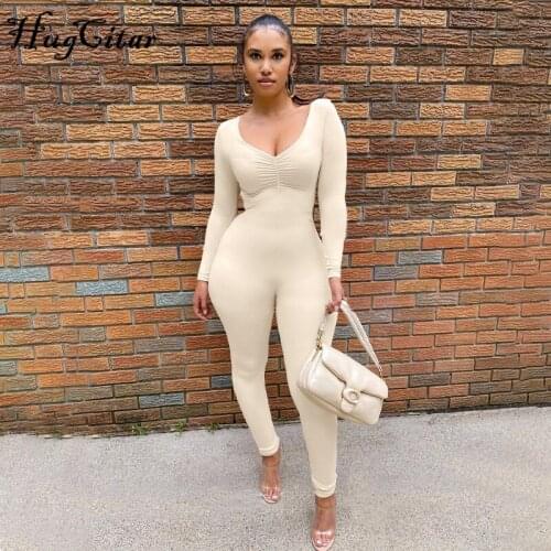 Hugcitar 2021 Solid Long Sleeve V Neck Bodycon Draped Sexy Jumpsuit Summer Autumn Women Fashion Streetwear Party Club Outfits