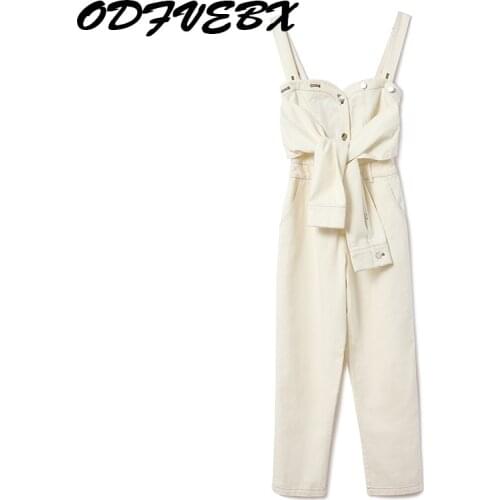 Sexy Tube Top High Waist Jumpsuit Women Autumn Shoulder Strap Detachable Denim Jumpsuit Female Long pants Black Blazer 2Pice Set