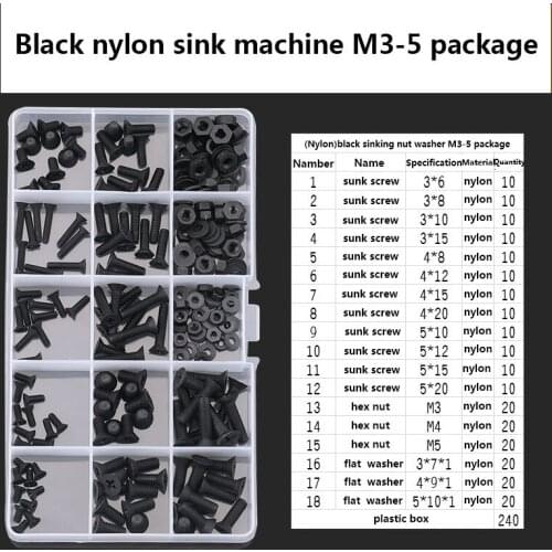 LANEJOY DIY Box Phillips Head Screws6-20mm,M3M4M5Hex Nuts, Bolts, Flat Washer,Black Nylon Sink Machine M3-5 Set 240pcs