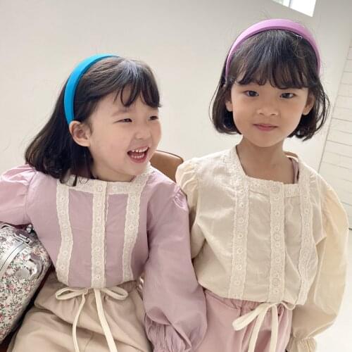 Girls spring cute lacework bubble sleeve solid color shirts Kids cotton soft casual Tops single-breasted Tees