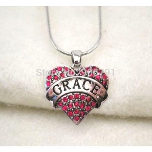 Fashion 50pcs a lot rhodium plated GRACE with red crystal heart pendant necklace