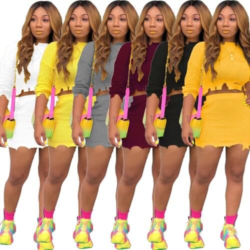 2021 New Classic Knit Fashion Sexy Hollow Round Neck Long Sleeve Mini Skirt