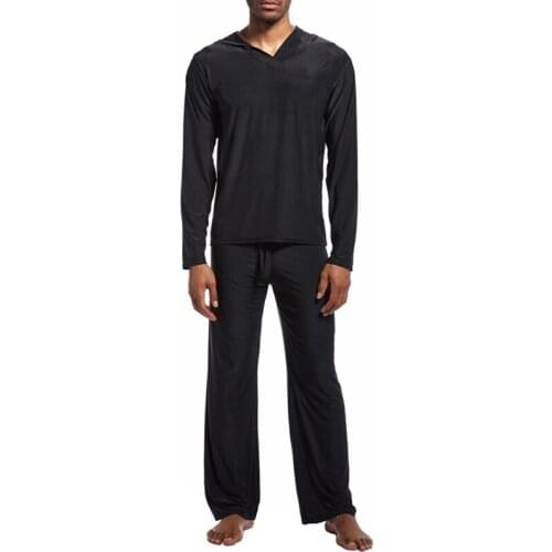 Men Silky Pajamas Set Long Sleeve Hooded Top and Bottoms Lounge Home Sleepwear Yoga Wear