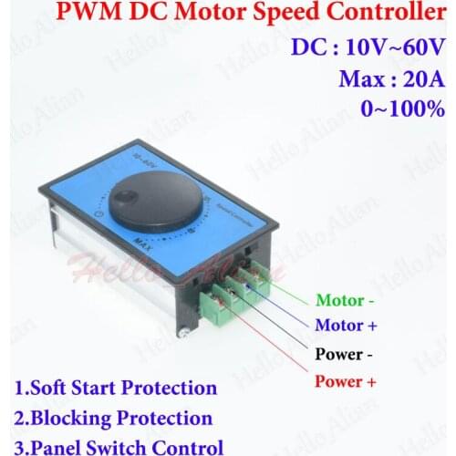 DC 10-60V 12V 18V 24V 48V 20A 240W Max PWM DC Motor Speed Controller Switch Soft Start Protection Blocking Protection High Power