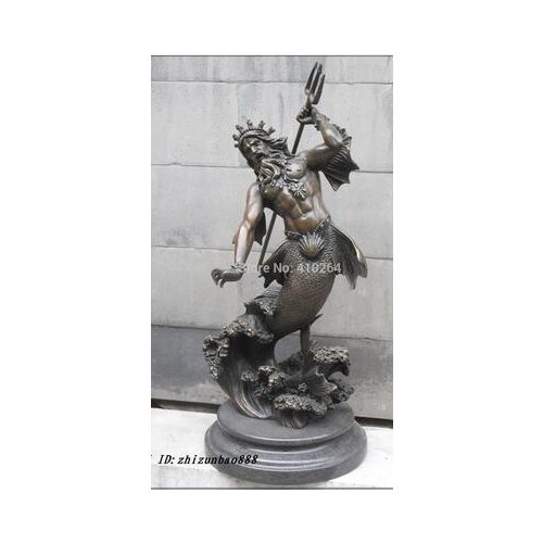 Carved totem Copper 14" Greco ART Greek mythology Bronze STATUE SEA King Poseidon Sculpture Art Bronze sculpture home decoration