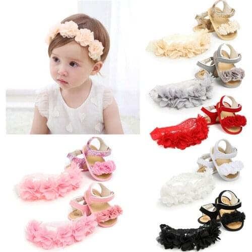 Princess Newborn Baby Girl Sandals Shoes 3D Flowers Soft Sole Shoes with Headband Soft Baby Girl Leather Shoes 0-18M