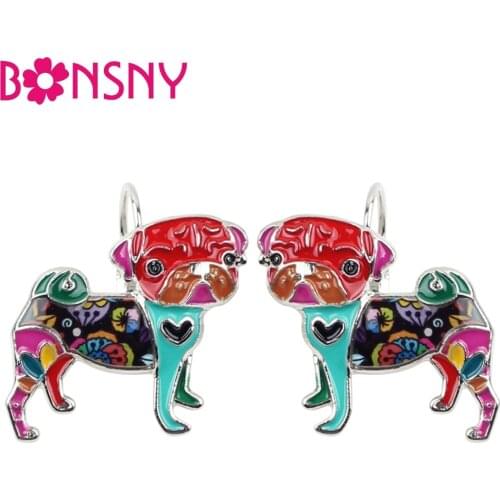 Bonsny Enamel Alloy Bulldog Pug Dog Earrings Stud French Clip Animal Pets Jewelry For Girls Women Lady Decoration Wholesale