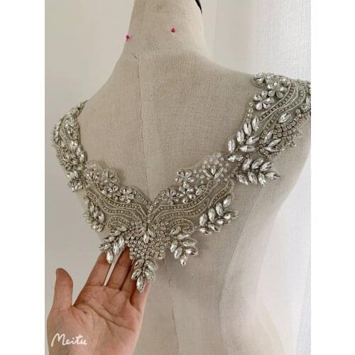 Rhinestone bridal V neckline applique for bridal dress, costume dress, rhinestone bead applique collar bodice