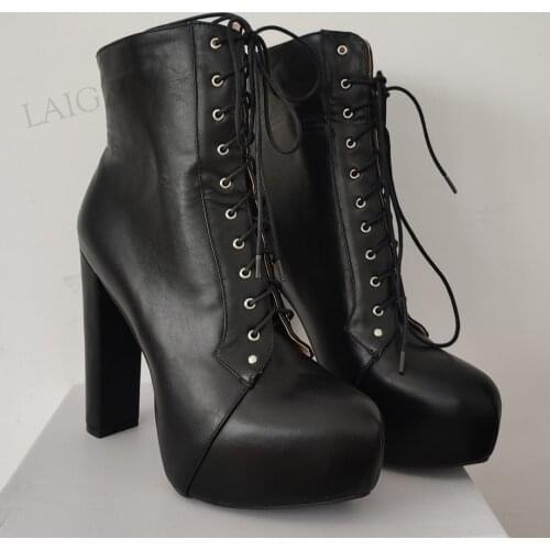 DOHBANER Women Ankle Boots Lace Up Chunky High Heels Platform Boots Faux Leather Female Prom Shoes Woman Large Size 40 44 45 52