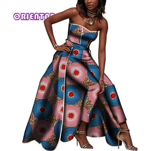 Fashion African Clothes for Women Print Floral Off Shoulder Jumpsuits with Apron Skirt Bazin Riche Pants Lady Long Romper WY8030
