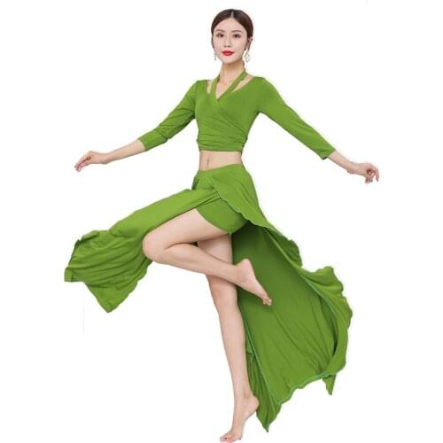 2020 Sexy Belly Dance Costume Set Womens Autumn Bellydance Practice Training Dress Suit Beginners Modal Double Split Long Skirt