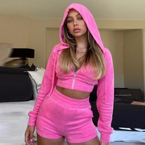 2 Pcs Women Tight Autumn Suit Long Sleeve Hoodies Drawstring Short Sweatshirt Zipper Top Elastic Shorts Two Piece Set Outfits