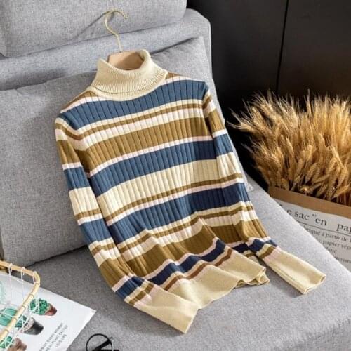 Chic Striped Women Turtleneck Sweater Autumn Winter Thick Warm Knitted Sweaters Color Block Slim Female Jumper Top 2021