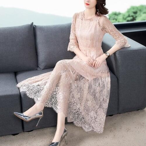 Summer Vintage Pink Lace Two Piece Sexy Beach Midi Sundress 2021 Korea Plus Size Women Maxi Dress Elegant Bodycon Party Vestidos