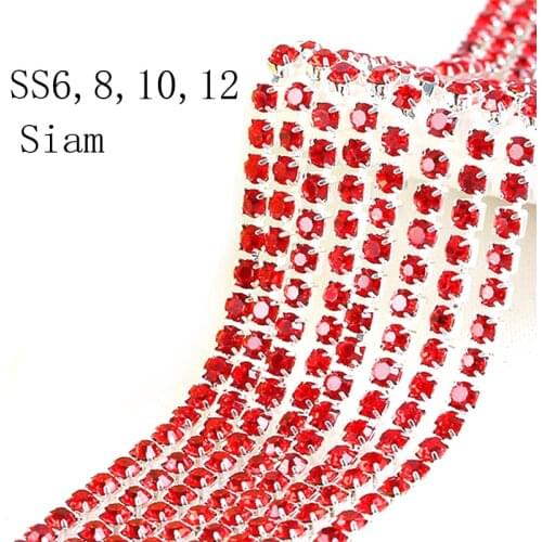 SS6,8,10,12 10m All Size Siam rhinestone cupchain rows trim silver setting tone banding pretty garment accessories