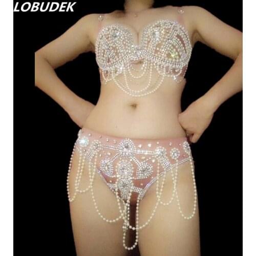 Sparkly Rhinestones Beading Bikini Set Sexy DJ Women Singer Nightclub Pole Dancing Costume Bar Party Show Performance Stage Wear
