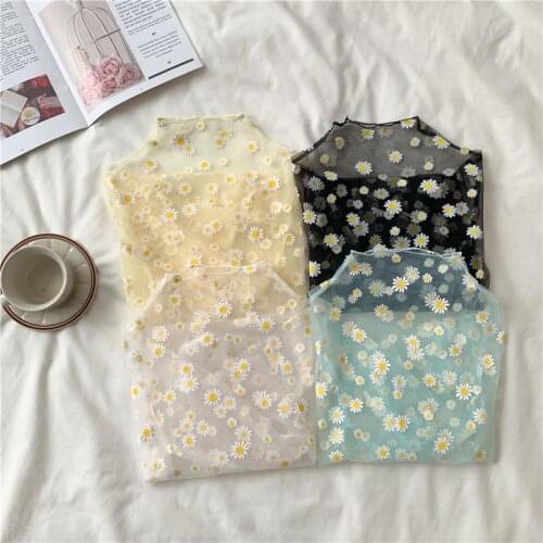 Summer Autumn Women Casual Mesh Pattern Daisy Flower Printed Blouse Tops Girls Mesh Shirts See Through Shirt For Female