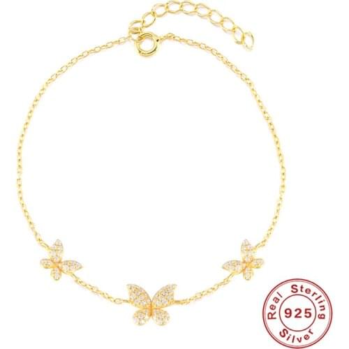 BOAKO 925 Sterling Silver Three Butterfly Pendants Bracelets For Women Adjustable Luxury Cubic Zirconia Jeweled Chain Bracelet