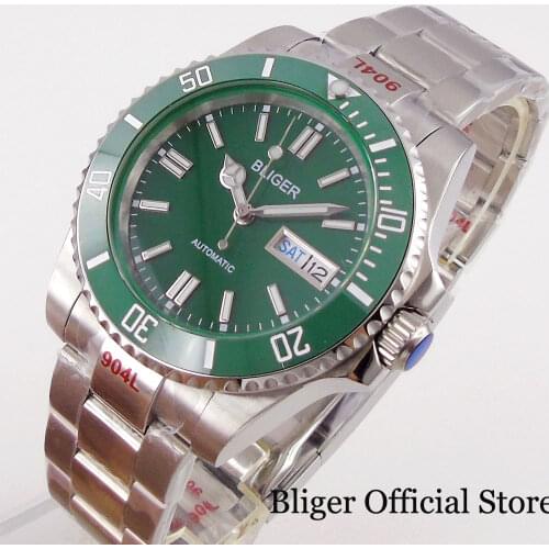 BLIGER Sub Automatic Men Watch NH36A Green Dial Weekday Date Calendar Polish Oyster Strap Luminous Index Screwdown Crown