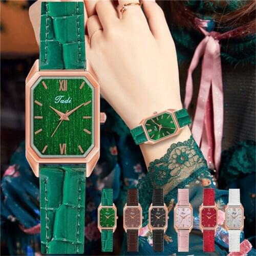 Tadi Brand Women Rectangle Roma Green Watch Luxury Leather Strap Quartz Wristwatch Clock Gift for Female Relogio Feminino