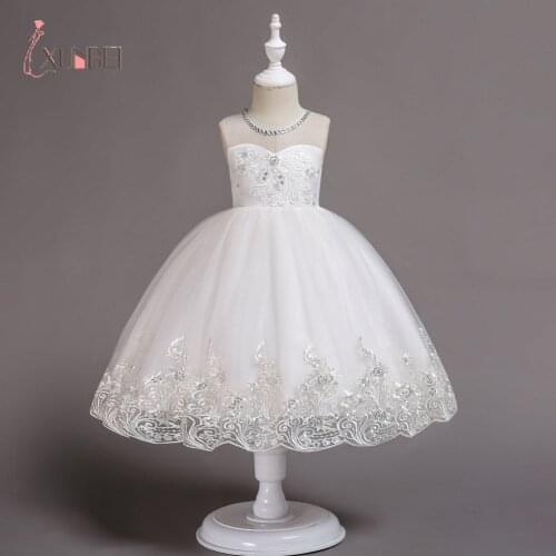 Lovely Lace Appliques Beaded Pearls Flower Girl Dresses Kids Evening Gowns Wedding First Communion Clothing vestido 1-14Years