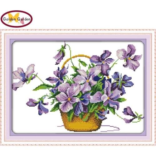GG Purple Flowers Chinese Cross Stitch Patterns DIY Handcraft Needlework Embroidery Kits Joy Sunday Cross Stitch for Home Decor