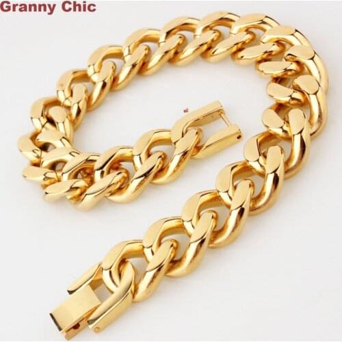 Granny Chic Mens Jewelry Hip Hop Gold Tone Stainless Steel Curb Cuban Bracelet High Quality 15mm9"
