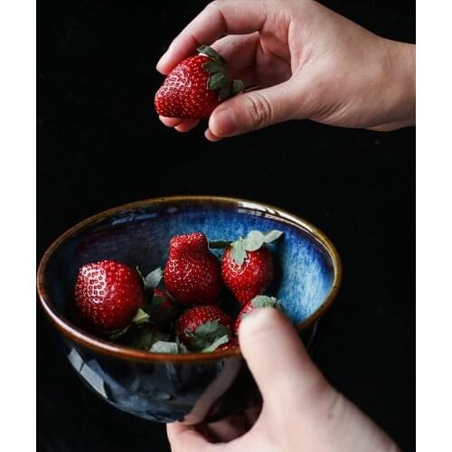 KINGLANG Cat Eye Blue Color Ceramic Rice Bowl Porcelain Dinnerware Porridge Bowl